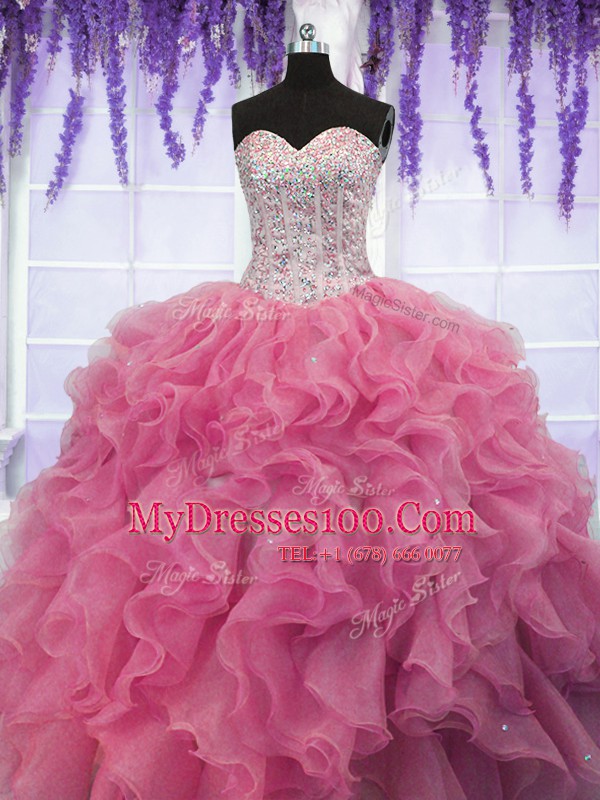 Sweetheart Sleeveless Organza Quinceanera Gown Ruffles and Sequins Lace Up