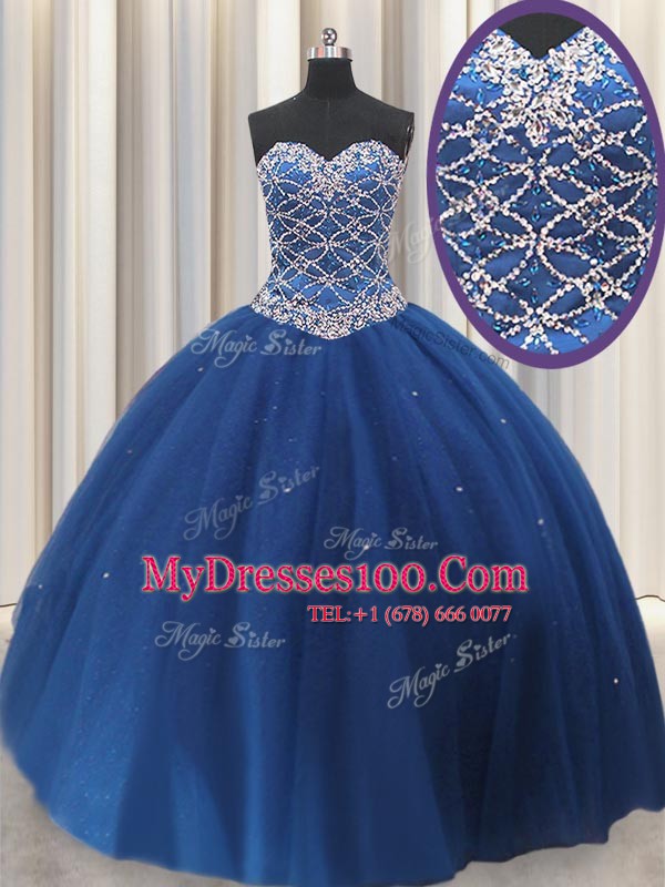 Colorful Floor Length Lace Up Quinceanera Dress Royal Blue for Military Ball and Sweet 16 and Quinceanera with Beading and Sequins
