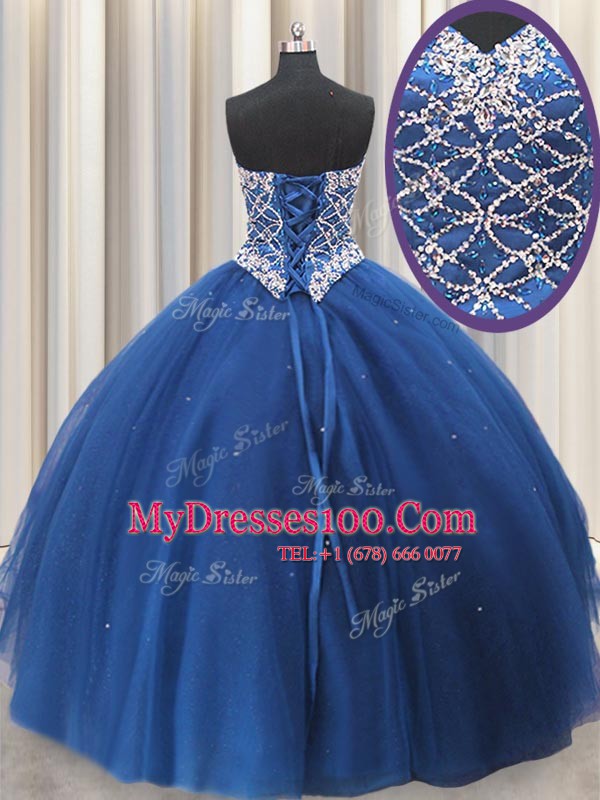 Colorful Floor Length Lace Up Quinceanera Dress Royal Blue for Military Ball and Sweet 16 and Quinceanera with Beading and Sequins