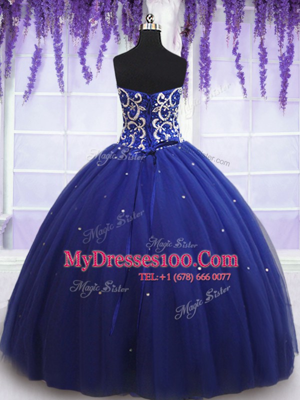 Luxurious Sleeveless Tulle Floor Length Lace Up Sweet 16 Dresses in Royal Blue with Beading