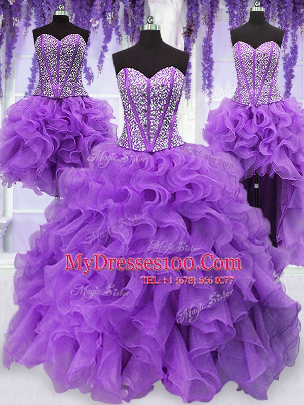 Four Piece Eggplant Purple Sweetheart Lace Up Ruffles and Sequins Ball Gown Prom Dress Sleeveless