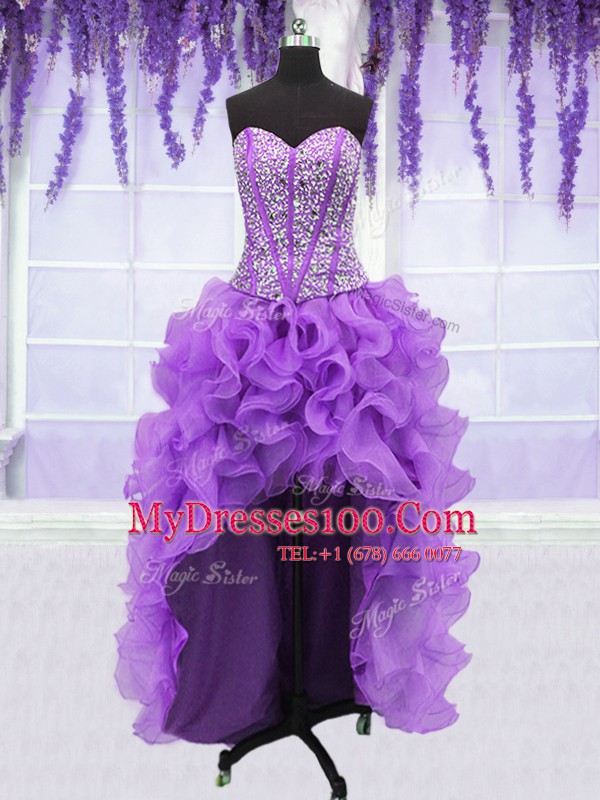 Four Piece Eggplant Purple Sweetheart Lace Up Ruffles and Sequins Ball Gown Prom Dress Sleeveless