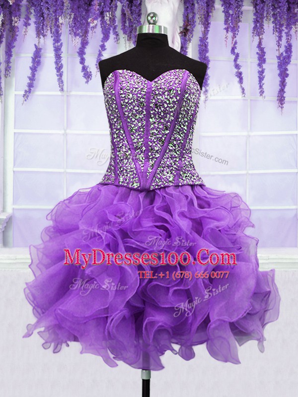 Four Piece Eggplant Purple Sweetheart Lace Up Ruffles and Sequins Ball Gown Prom Dress Sleeveless