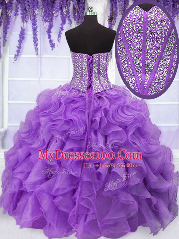 Four Piece Eggplant Purple Sweetheart Lace Up Ruffles and Sequins Ball Gown Prom Dress Sleeveless