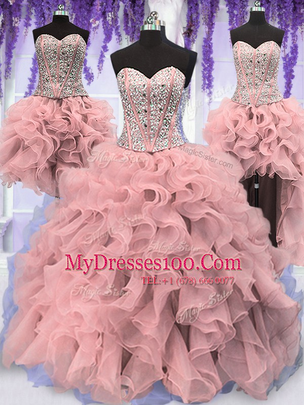 Cute Four Piece Floor Length Lace Up Vestidos de Quinceanera Pink for Military Ball and Sweet 16 and Quinceanera with Ruffles and Sequins