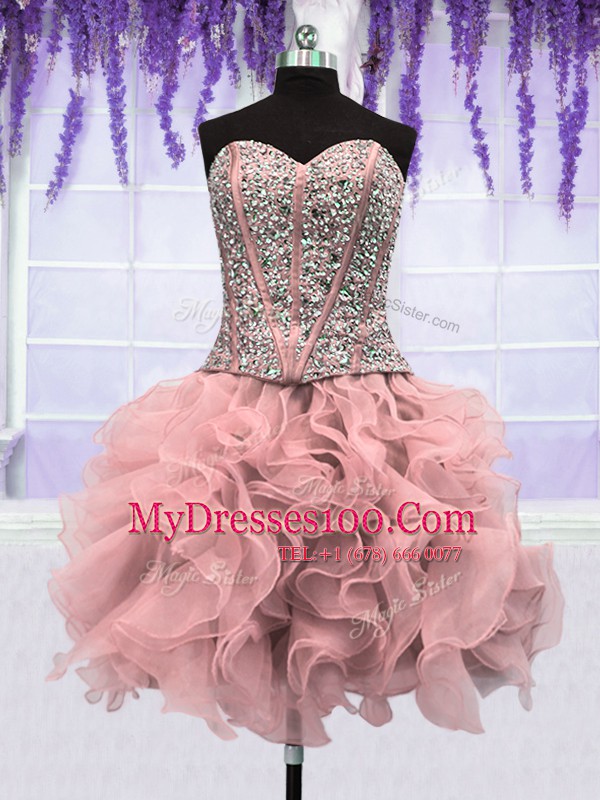 Cute Four Piece Floor Length Lace Up Vestidos de Quinceanera Pink for Military Ball and Sweet 16 and Quinceanera with Ruffles and Sequins