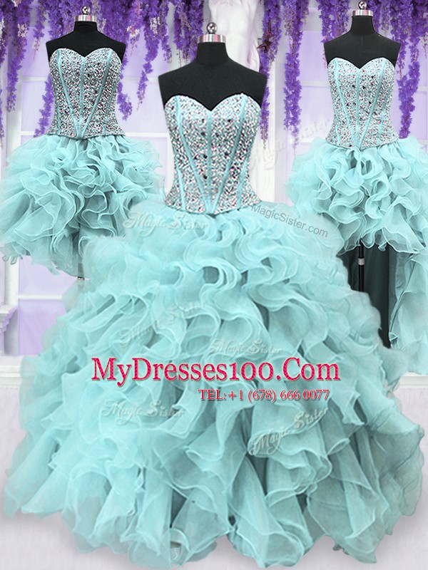 Extravagant Four Piece Light Blue Ball Gowns Sweetheart Sleeveless Organza Floor Length Lace Up Ruffles and Sequins Quince Ball Gowns