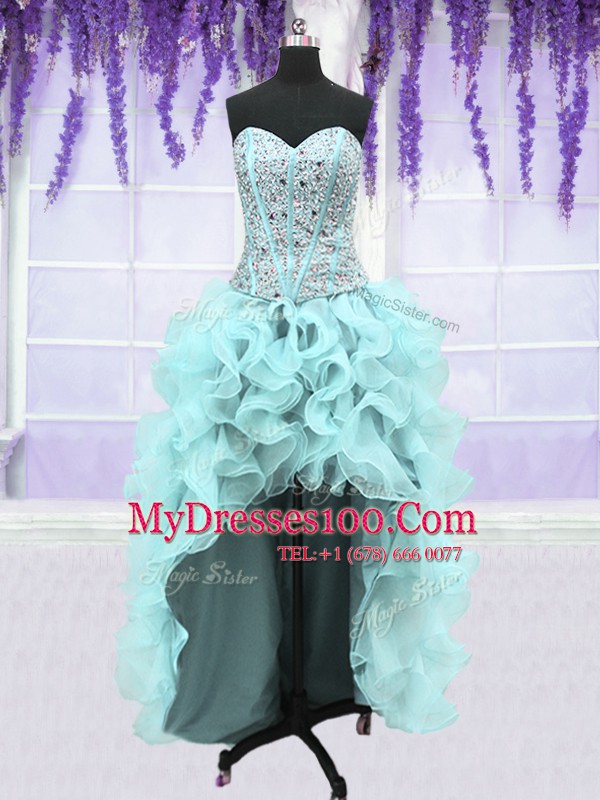 Extravagant Four Piece Light Blue Ball Gowns Sweetheart Sleeveless Organza Floor Length Lace Up Ruffles and Sequins Quince Ball Gowns