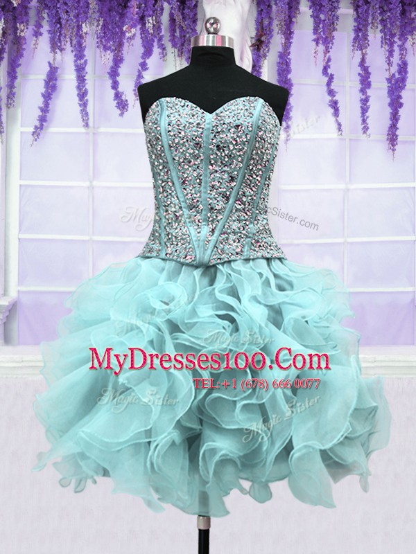 Extravagant Four Piece Light Blue Ball Gowns Sweetheart Sleeveless Organza Floor Length Lace Up Ruffles and Sequins Quince Ball Gowns
