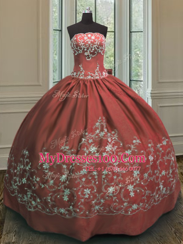 Floor Length Lace Up Quince Ball Gowns Rust Red for Military Ball and Sweet 16 and Quinceanera with Embroidery