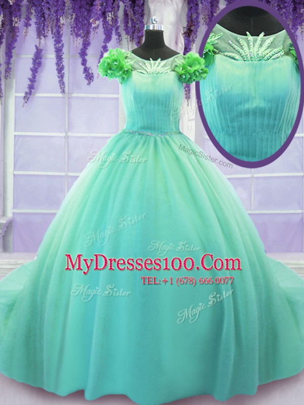Scoop Short Sleeves Quinceanera Gowns Court Train Hand Made Flower Turquoise Tulle