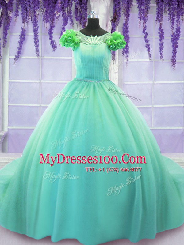 Scoop Short Sleeves Quinceanera Gowns Court Train Hand Made Flower Turquoise Tulle