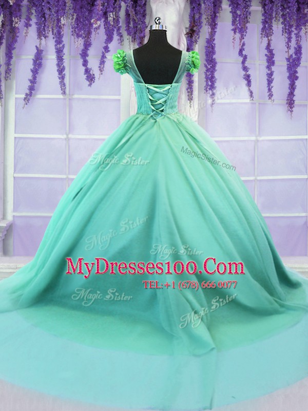 Scoop Short Sleeves Quinceanera Gowns Court Train Hand Made Flower Turquoise Tulle