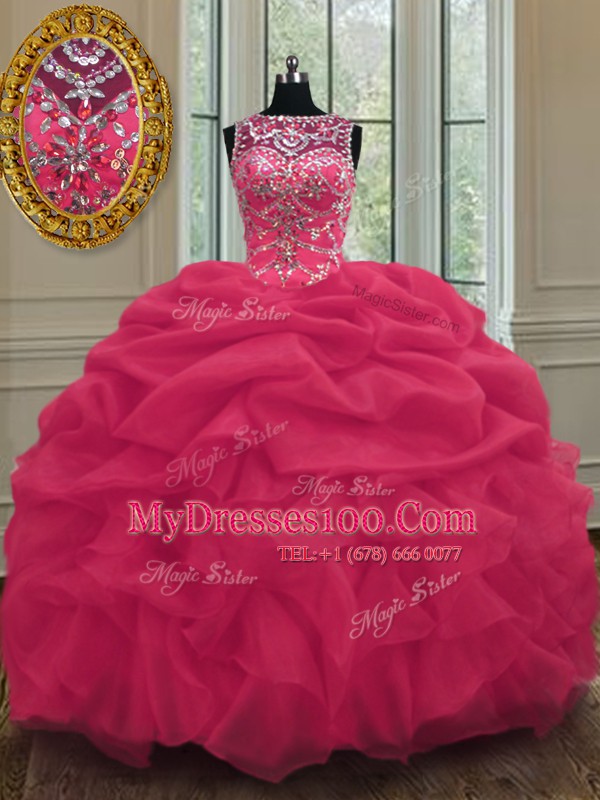 Attractive Scoop Floor Length Lace Up Quinceanera Dress Coral Red for Military Ball and Sweet 16 and Quinceanera with Beading and Pick Ups