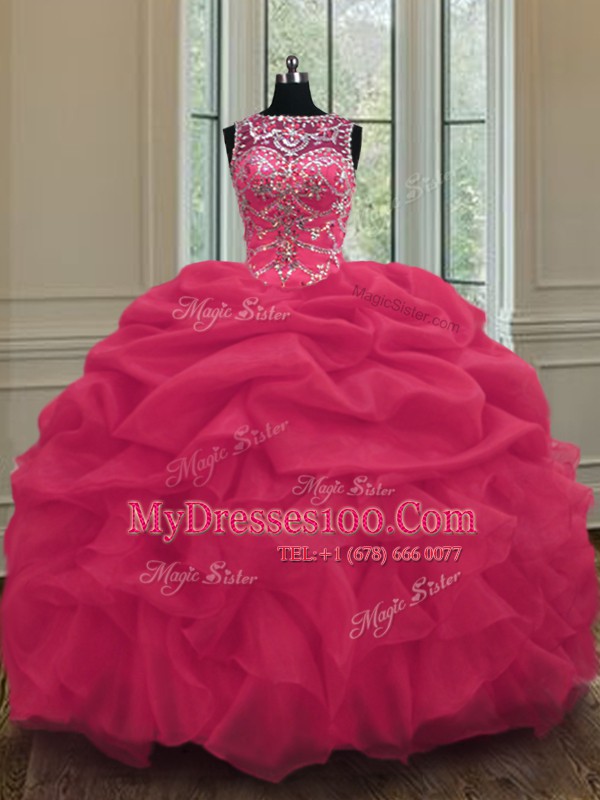 Attractive Scoop Floor Length Lace Up Quinceanera Dress Coral Red for Military Ball and Sweet 16 and Quinceanera with Beading and Pick Ups