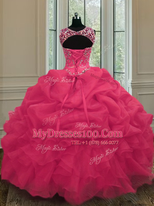 Attractive Scoop Floor Length Lace Up Quinceanera Dress Coral Red for Military Ball and Sweet 16 and Quinceanera with Beading and Pick Ups