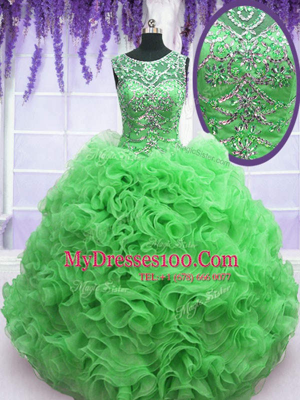Scoop Sleeveless Floor Length Beading and Ruffles Lace Up Quinceanera Dresses with Green