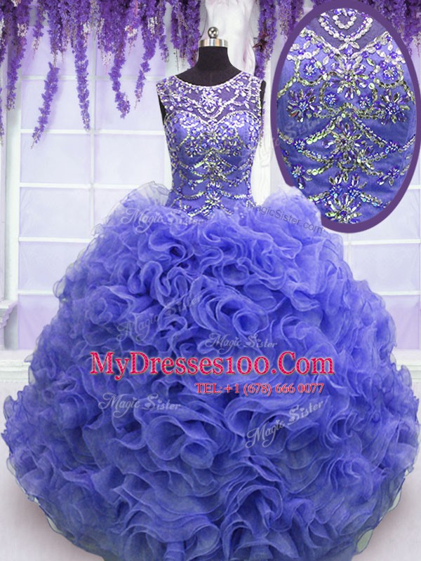 Clearance Scoop Beading and Ruffles Ball Gown Prom Dress Purple Lace Up Sleeveless Floor Length