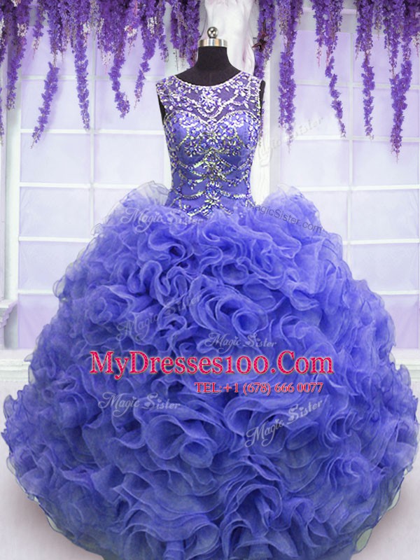 Clearance Scoop Beading and Ruffles Ball Gown Prom Dress Purple Lace Up Sleeveless Floor Length