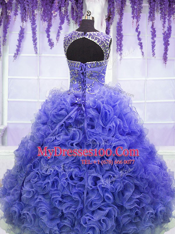 Clearance Scoop Beading and Ruffles Ball Gown Prom Dress Purple Lace Up Sleeveless Floor Length