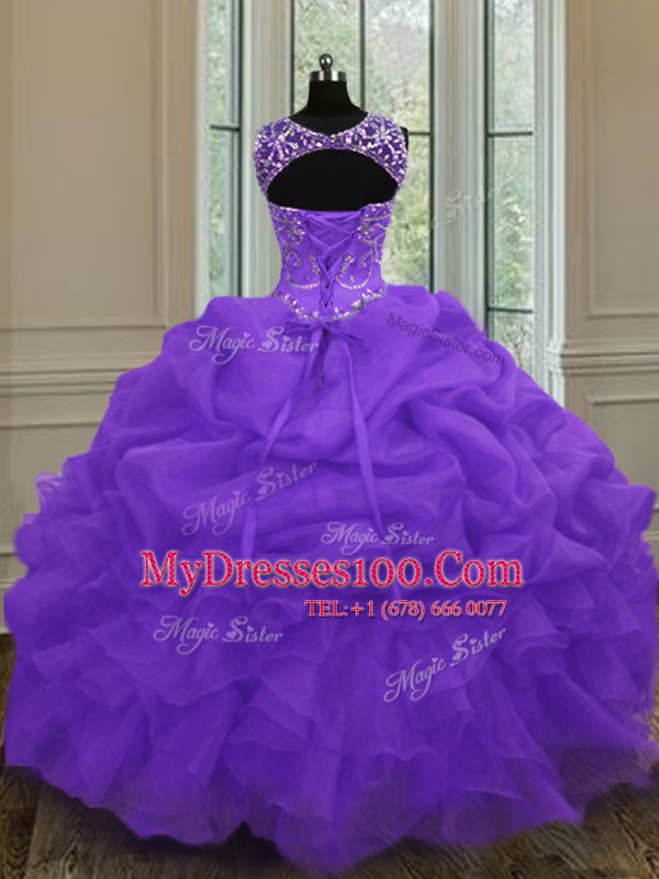 Scoop Floor Length Eggplant Purple 15 Quinceanera Dress Organza Sleeveless Beading and Pick Ups