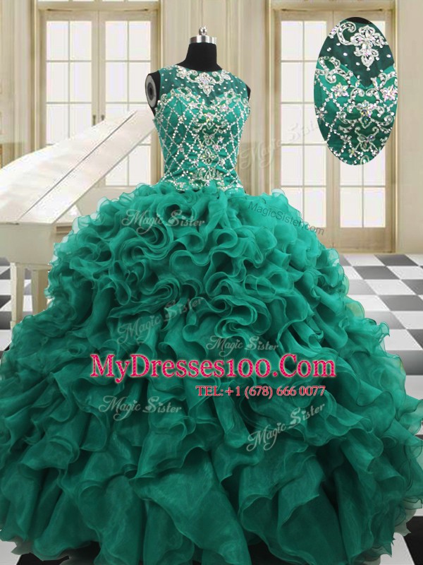 Decent Ball Gowns Ball Gown Prom Dress Teal Scoop Organza Sleeveless Floor Length Lace Up