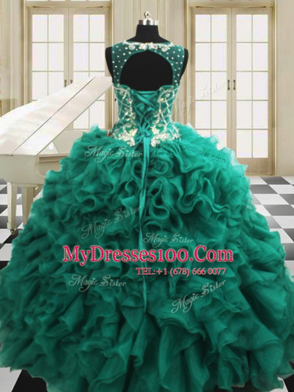 Decent Ball Gowns Ball Gown Prom Dress Teal Scoop Organza Sleeveless Floor Length Lace Up