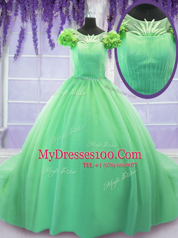 Scoop Short Sleeves Court Train Lace Up Quinceanera Dresses Green Tulle