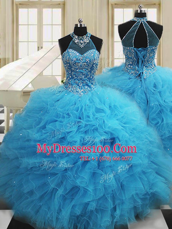 Wonderful Baby Blue Scoop Neckline Beading and Ruffles Sweet 16 Dresses Sleeveless Lace Up