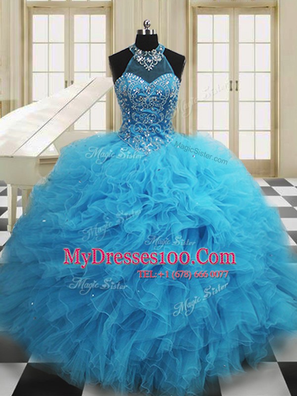 Wonderful Baby Blue Scoop Neckline Beading and Ruffles Sweet 16 Dresses Sleeveless Lace Up
