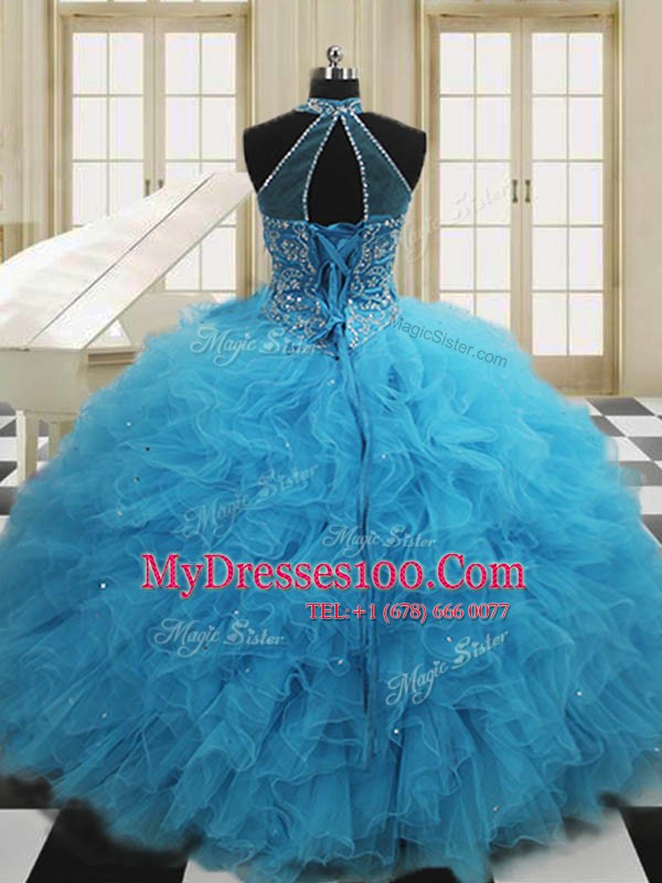 Wonderful Baby Blue Scoop Neckline Beading and Ruffles Sweet 16 Dresses Sleeveless Lace Up