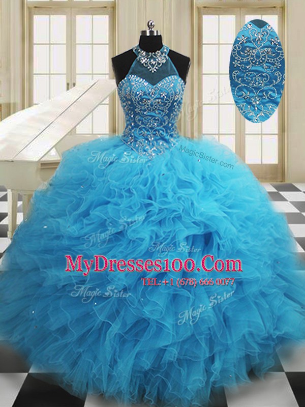 Wonderful Baby Blue Scoop Neckline Beading and Ruffles Sweet 16 Dresses Sleeveless Lace Up