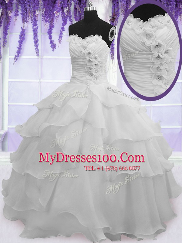 Unique Sweetheart Sleeveless Sweet 16 Dresses Floor Length Beading and Ruffled Layers Silver Organza