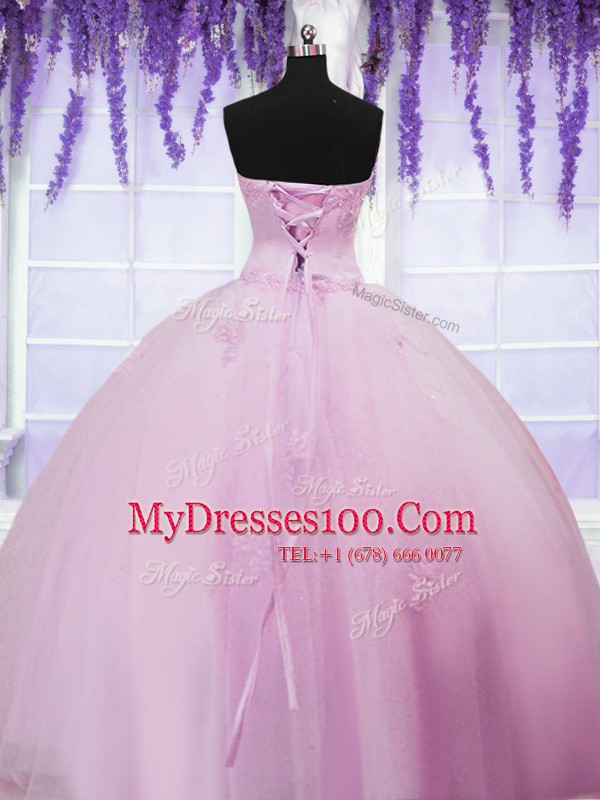 Baby Pink Sleeveless Tulle Lace Up Quinceanera Dress for Military Ball and Sweet 16 and Quinceanera