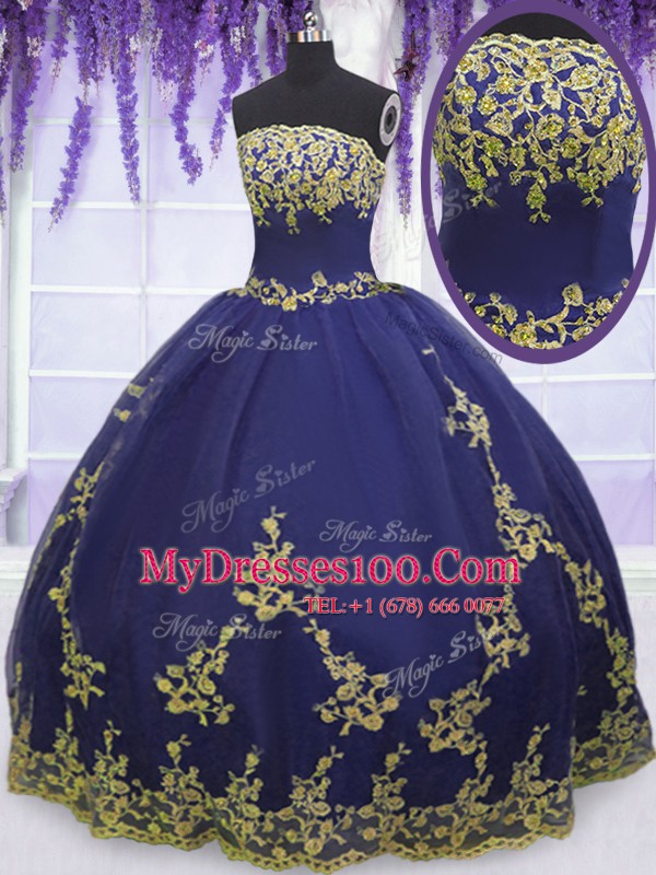 Floor Length Navy Blue Quinceanera Dresses Strapless Sleeveless Zipper