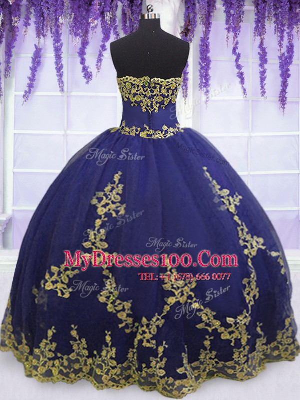 Floor Length Navy Blue Quinceanera Dresses Strapless Sleeveless Zipper
