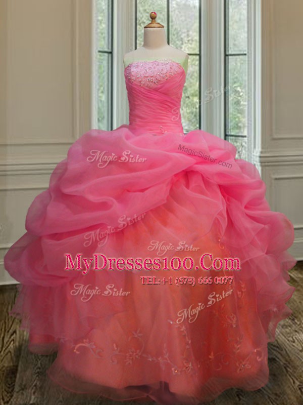 Modest Pick Ups Strapless Sleeveless Lace Up Vestidos de Quinceanera Pink Organza