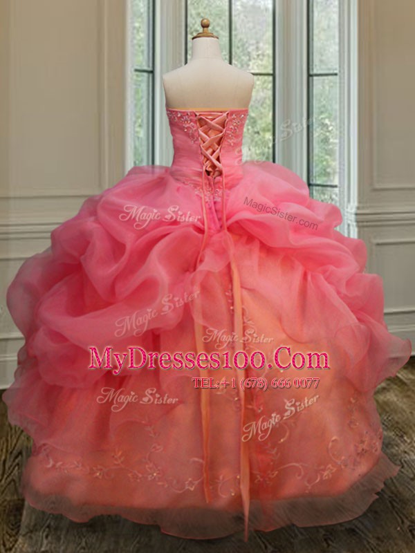 Modest Pick Ups Strapless Sleeveless Lace Up Vestidos de Quinceanera Pink Organza