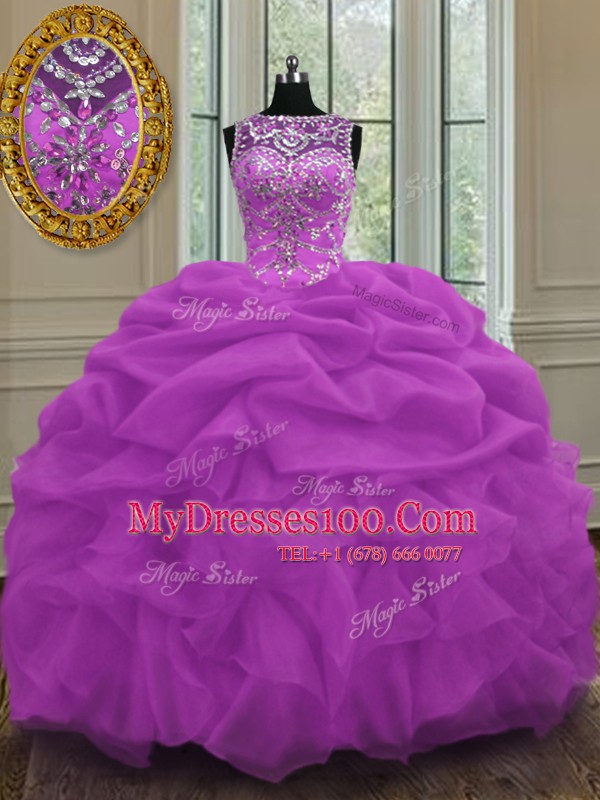 Lilac Scoop Neckline Beading and Pick Ups Quinceanera Dress Sleeveless Lace Up