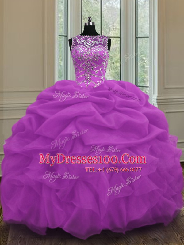 Lilac Scoop Neckline Beading and Pick Ups Quinceanera Dress Sleeveless Lace Up