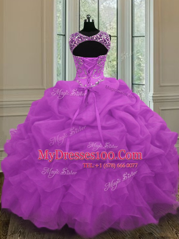 Lilac Scoop Neckline Beading and Pick Ups Quinceanera Dress Sleeveless Lace Up