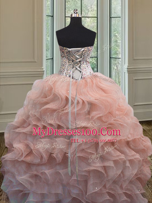Modest Floor Length Ball Gowns Sleeveless Peach Quinceanera Gowns Lace Up