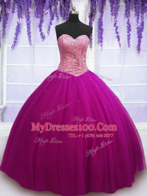 Sleeveless Floor Length Beading Lace Up Sweet 16 Dresses with Fuchsia