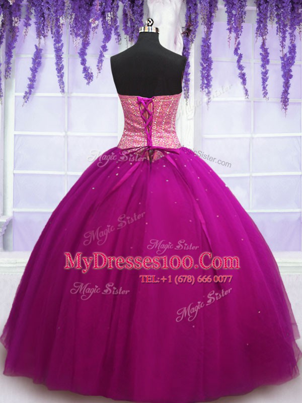 Sleeveless Floor Length Beading Lace Up Sweet 16 Dresses with Fuchsia