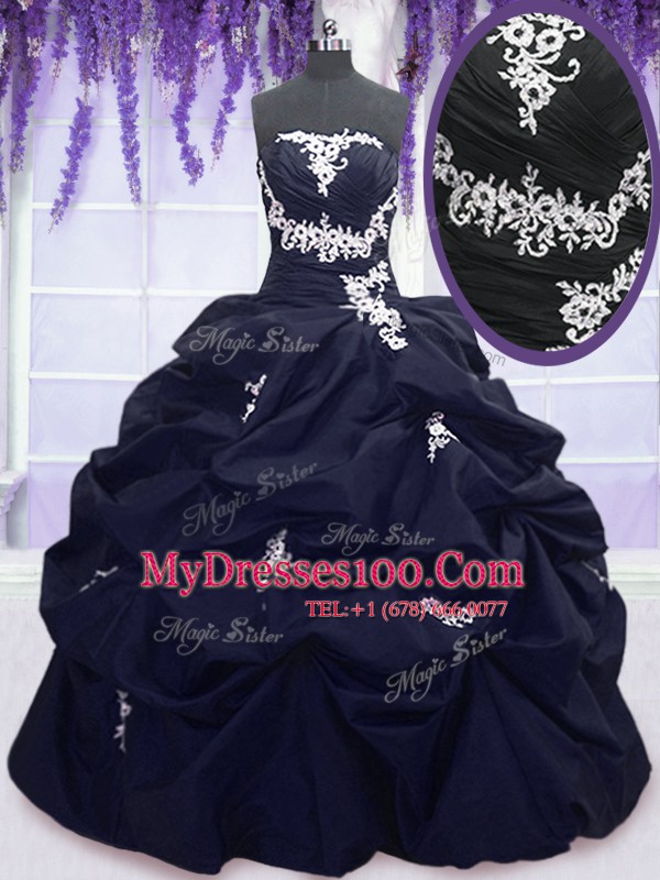 Fitting Appliques and Pick Ups Sweet 16 Quinceanera Dress Navy Blue Lace Up Sleeveless Floor Length