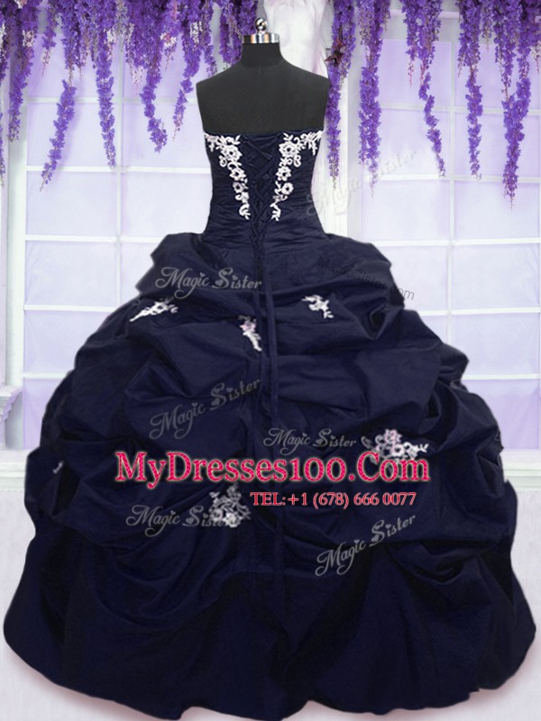 Fitting Appliques and Pick Ups Sweet 16 Quinceanera Dress Navy Blue Lace Up Sleeveless Floor Length