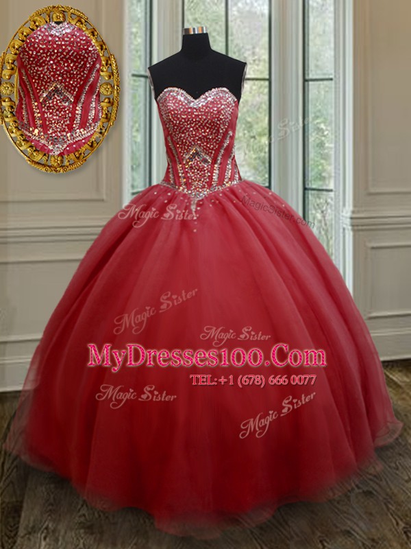 Ideal Red Lace Up 15 Quinceanera Dress Beading Sleeveless Floor Length