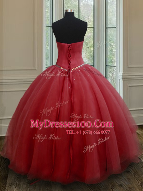 Ideal Red Lace Up 15 Quinceanera Dress Beading Sleeveless Floor Length