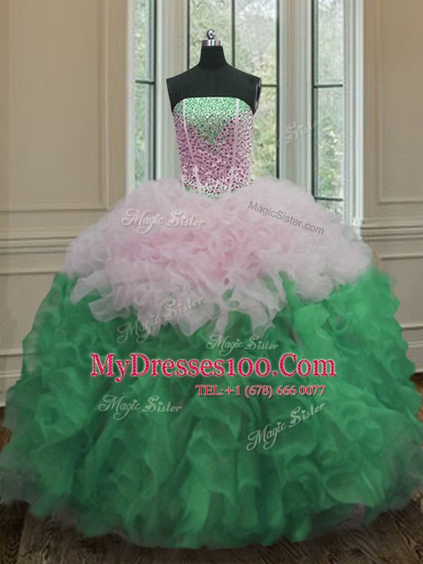 Strapless Sleeveless Organza Quinceanera Dresses Beading and Ruffles Lace Up