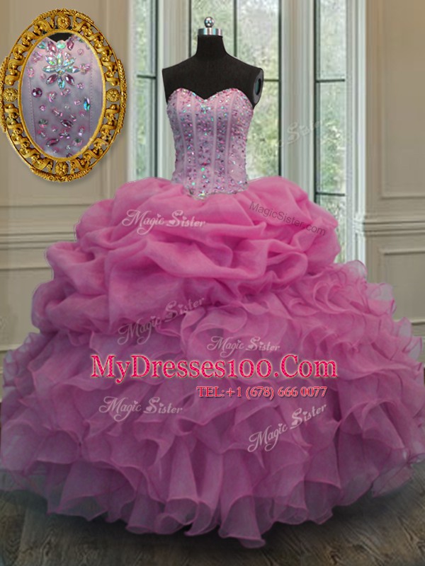 Rose Pink Organza Lace Up 15 Quinceanera Dress Sleeveless Floor Length Beading and Ruffles and Pick Ups